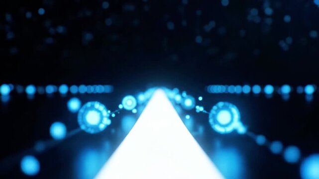 A futuristic digital illustration of a glowing white triangle with blue circular accents