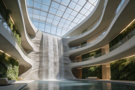 biophilia. Interior of a modern parametric atrium with a giant indoor waterfall. green office, vertical garden, designed for sustainable architecture and wellness interiors.