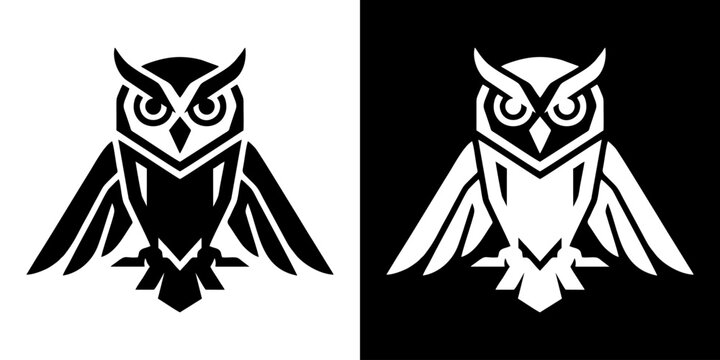 A striking, minimalist graphic representation of an owl in both black and white, showcasing bold geometric shapes and clean lines, perfect for logos and branding elements