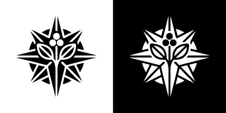 Abstract starburst plant logo with geometric petals and abstract berries, rendered in black and white