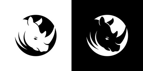 Iconic Silhouette of a Rhinoceros Head in Circular Frame, Available in White on Black and Black on White Versions © inka