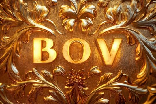 ornate gilded gold relief panel with floral baroque scrolls and glowing embossed letters b o v, opulent elegant and majestic mood
