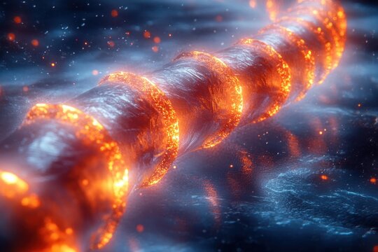 glowing molten spiral helix lying on an icy reflective surface, scattering sparks and embers with intense mysterious energy