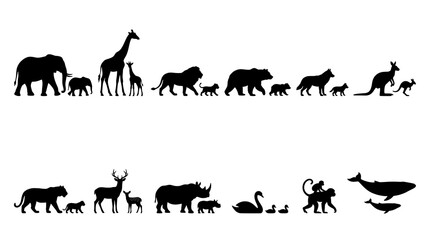 Fototapeta premium Black animal silhouettes in a diverse pet set on white background