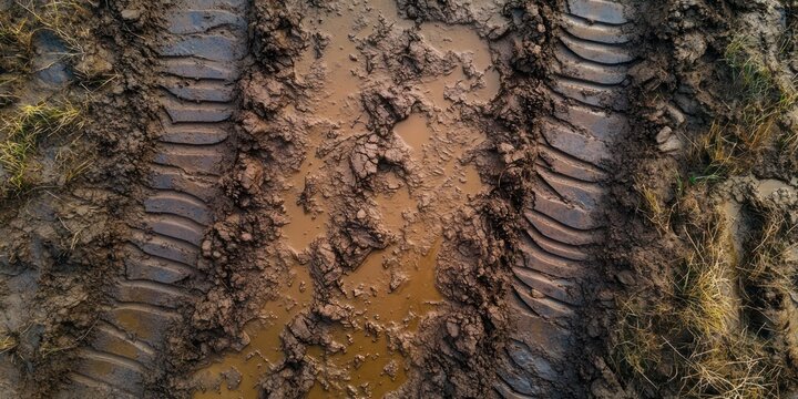 two parallel tire tracks pressed into wet muddy ground with a central brown puddle and frayed grass, gritty and rugged