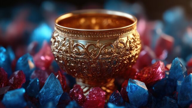 ornate golden chalice resting on a bed of shimmering blue and pink crystals, evoking opulence and wonder