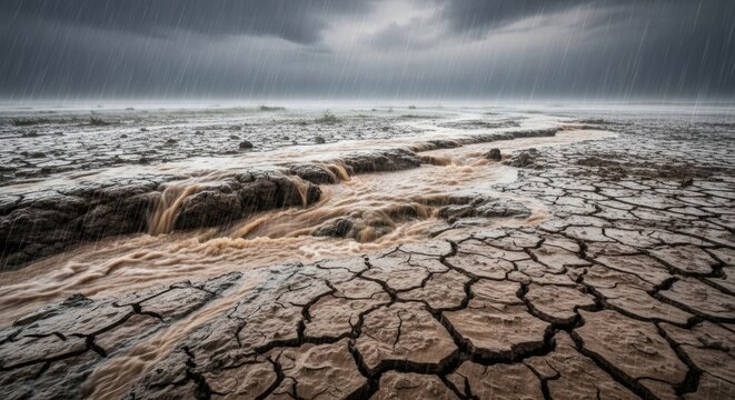 A barren landscape with cracked dry earth and a stream of water flowing through it under a dark and stormy sky