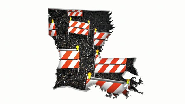 Louisiana LA State Map Road Construction Project Traffic Signs Barriers Barricades 3d Animation