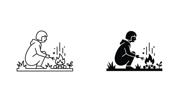 Roasting marshmallow vector icon isolated on white Black and white outline line art and solid glyph silhouette