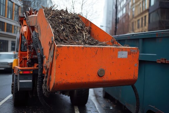 orange front loader bucket filled with wood chips on wet city street beside a dumpster, gritty urban cleanup scene