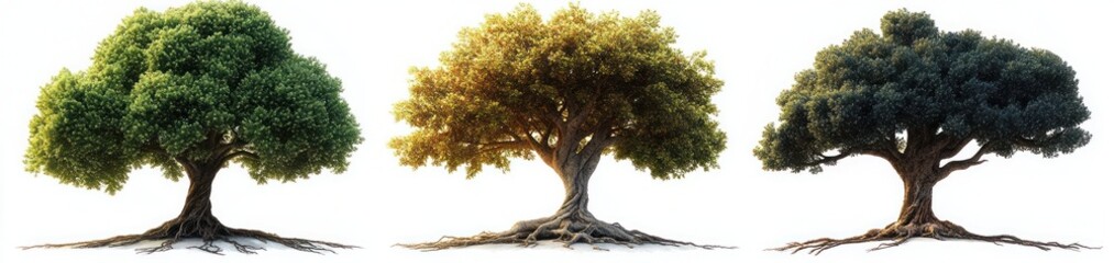 Fototapeta premium Three large trees with exposed roots on a white background, green, golden and dark foliage forming a tranquil resilient seasonal trio