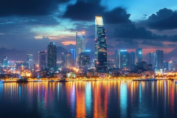 Obraz premium Vibrant illuminated modern city skyline at dusk with glass skyscrapers and high-rise towers reflecting colorful lights on calm waterfront under dramatic clouded sky evoking awe and serenity