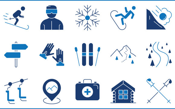 A set of icons related to Ski. Skiing, slide, path, avalanche, kits, gloves, first aid, and so on.