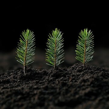 Three young pine seedlings emerging from rich dark soil against a black background, fresh green needles upright, evoking hope and new growth