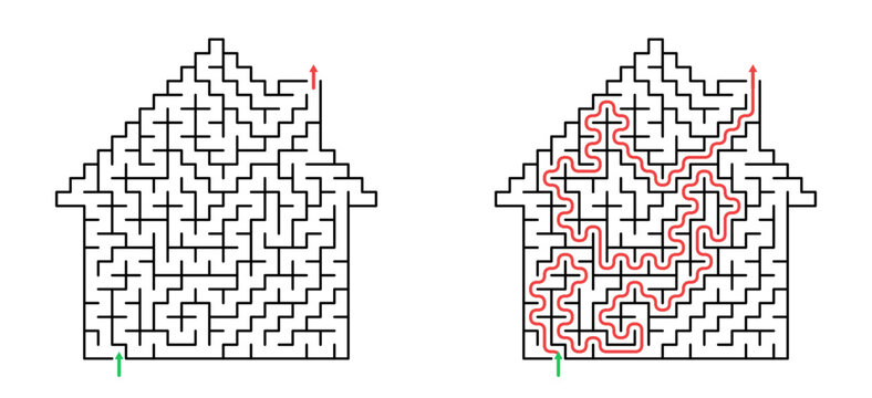 House-shaped maze with solution path illustrated in red