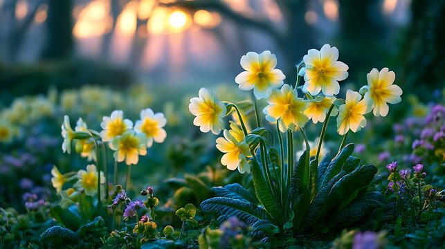 Yellow primroses blooming in a Cornwall hedgerow during golden hour