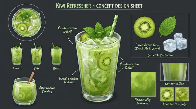 Refreshing Kiwi Refresher Cocktail Concept Design Sheet with Fresh Ingredients.