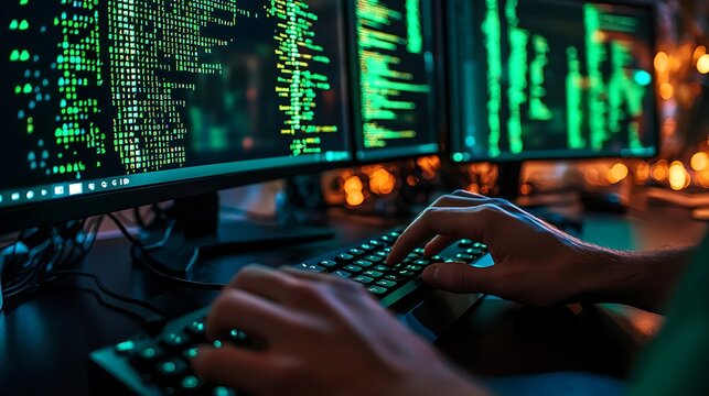 male hands typing on a keyboard while multiple terminal windows with green code on black background fill monitors in the background