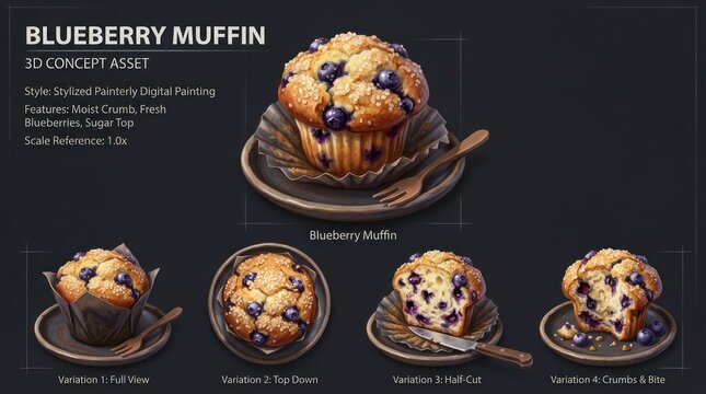 Delicious Blueberry Muffin 3D Concept Asset with Detailed Textures and Realistic Appearance.