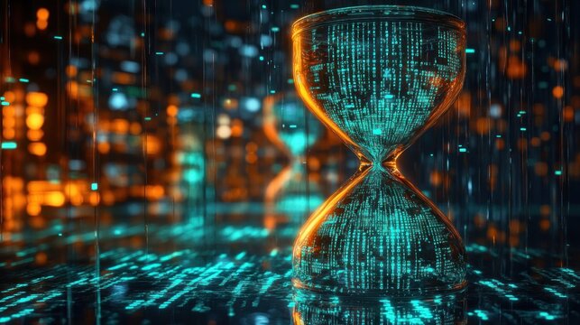 Glowing glass hourglass filled with streaming digital code on a reflective surface surrounded by neon blue and orange light rain, conveying futuristic urgency