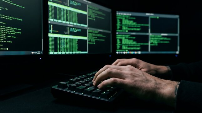 male hands typing on a keyboard while multiple terminal windows with green code on black background fill monitors in the background