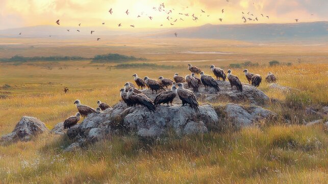 flock of vultures perched on a rocky outcrop in golden grassland at sunset, watchful and brooding