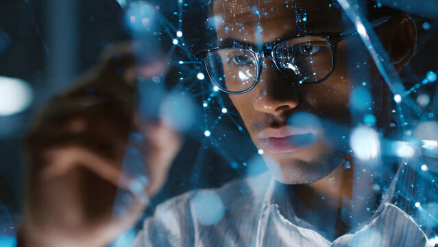 A young businessman concentrates intensely while interacting with a glowing blue futuristic blockchain network structure without using a traditional monitor screen.