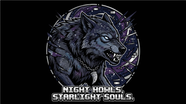 Badass Angry Werewolf Space Stained Glass Illustration - Night Howls Starlight Souls Cosmic Gothic Wolf Meme
