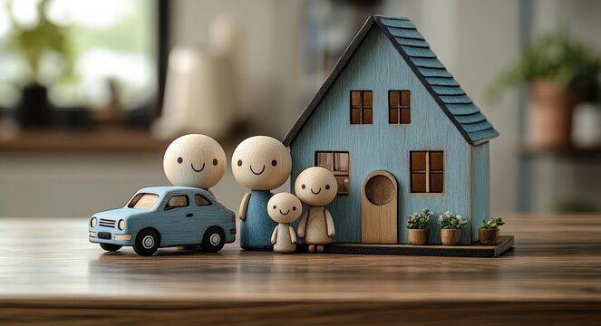 wooden toy family of four with smiling faces beside a blue wooden house and small blue car on a wooden tabletop with tiny potted plants, warm cozy light and blurred interior background