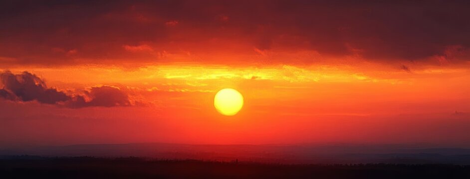 glowing sun setting above a distant silhouetted horizon with layered clouds and a dramatic orange and red sky, evoking calm and awe