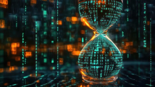 glowing glass hourglass filled with cascading binary code amid teal and orange digital streams, a futuristic countdown evoking urgency and high-tech tension