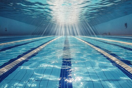 Empty indoor lap pool with parallel lane ropes, tiled floor and lane markings, sunbeams streaming through clear blue water and sparkling ripples, calm tranquil atmosphere