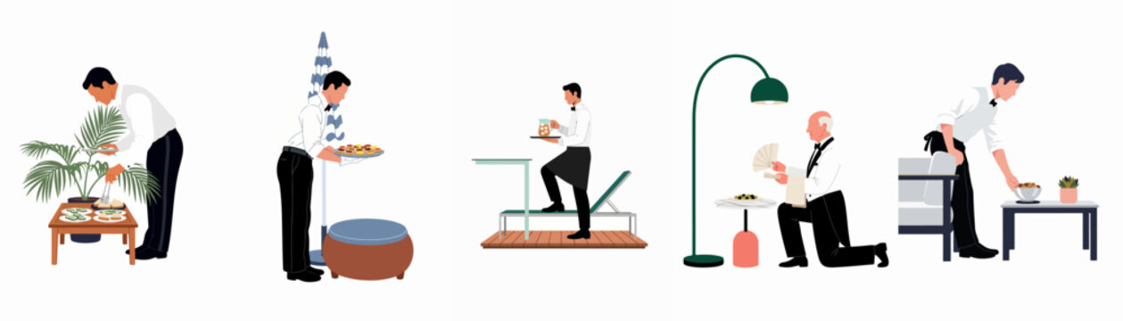 Set of professional male waiters in formal attire providing luxury hospitality and dining service in various elegant settings, flat vector illustration.