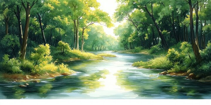 sunlit forest river winding through lush green trees and grassy banks with dappled light reflecting on calm water, peaceful and serene atmosphere