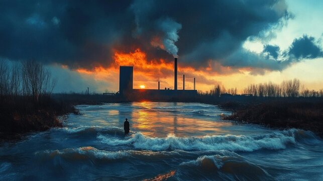 Solitary figure wading in turbulent waters toward a smoking industrial plant under a fiery sunset and stormy sky, dramatic and foreboding atmosphere
