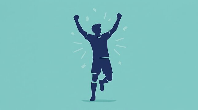 Silhouette of a soccer player celebrating a goal with arms raised, confetti, and teal background color