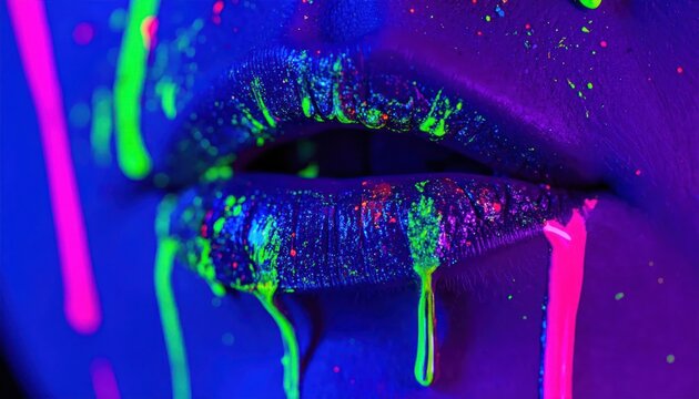 Neon Painted Lips Glowing Under Ultraviolet Light in Close Up Beauty Portrait