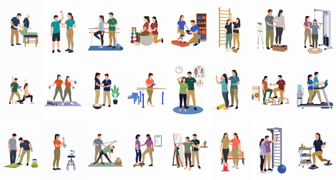 Comprehensive Set of Flat Vector Illustrations for Physical Therapy Rehabilitation and Sports Training Scenarios with Patients and Professional Therapists