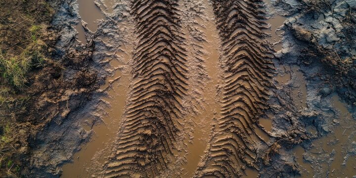 aerial view of deep muddy tire tracks and puddles on wet soil with grassy edge, rugged gritty atmosphere