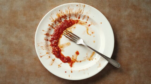 empty white plate with smeared red tomato sauce, fork and crumbs on textured brown tablecloth conveying a messy satisfied aftermath of a meal