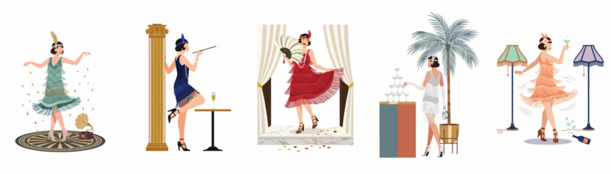 Set of five vector illustrations featuring elegant flapper women from the Roaring Twenties jazz age dancing and celebrating in Art Deco style settings.