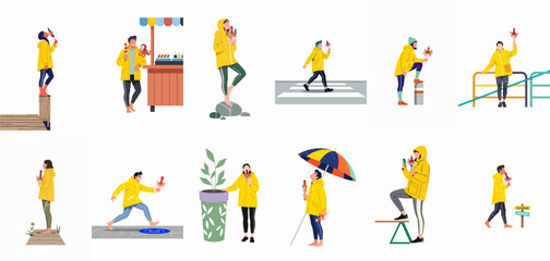Collection of flat illustrations depicting various people in yellow raincoats enjoying grilled octopus skewers in different outdoor settings and scenarios. © ValentinaRestrepo