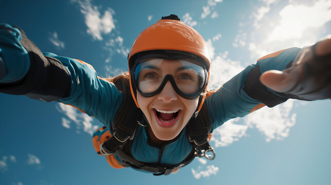 Excited Woman Skydiving in Mid-air, Extreme Sports