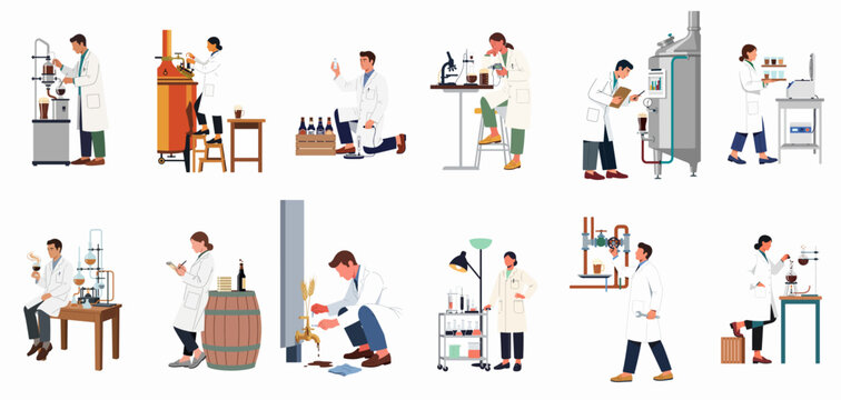 Set of vector illustrations featuring brewery workers and laboratory scientists testing, analyzing, and producing craft beer in various industrial settings.