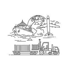 Naklejka premium Shipping containers are moved by a forklift near a ship, airplane, and truck with 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 logistics