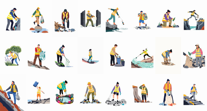 Collection of diverse volunteers and workers cleaning up environmental waste and plastic pollution from nature, beaches, and rivers.