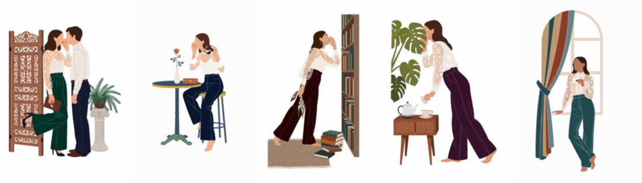 Collection of flat illustrations showing a stylish woman in various secret and curious scenes, including whispering, eavesdropping, and reading a private letter.