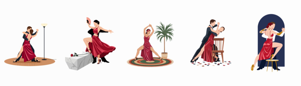Set of elegant vector illustrations featuring couples and dancers performing Argentine tango and flamenco in romantic, minimalist scenes with passionate red dresses.