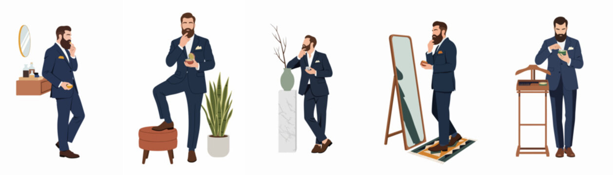 Collection of illustrations featuring a stylish bearded man in a suit, performing various grooming and self-care routines in elegant interiors.