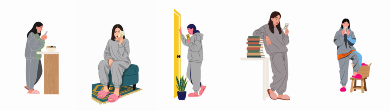 Vector illustrations of a surprised woman in loungewear holding a winning lottery ticket in various home settings, expressing shock and joy.